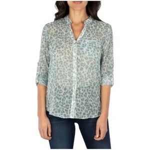 KUT‎ from the Kloth Womens Sage Green Leopard Print Roll Tab Blouse Large Sheer